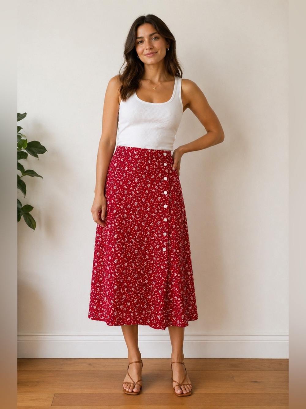 Vintage Studio Red Floral Button-Front Midi Skirt